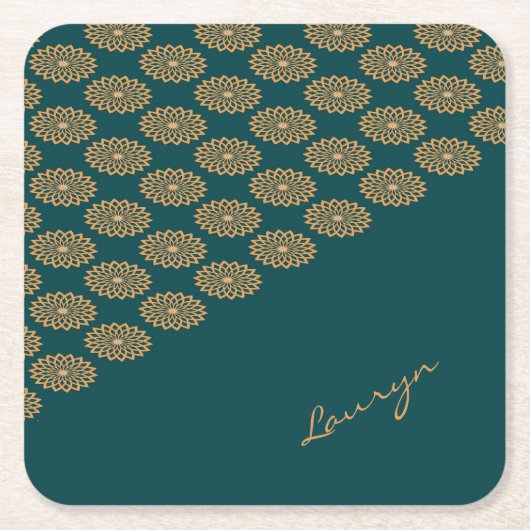 Aangepaste naam bruin bloemig op dennengroen kartonnen onderzetters (Voorkant)