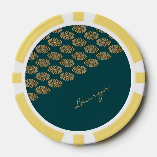 Aangepaste naam bruin bloemig op dennengroen poker chips (Voorkant)