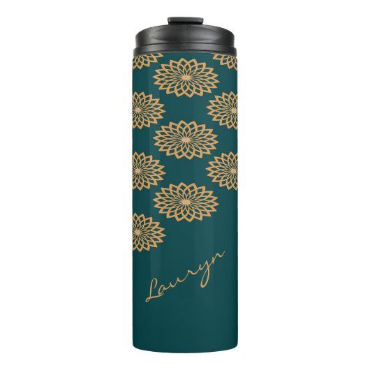 Aangepaste naam bruine bloemenprint op groen thermosbeker (Voorkant)