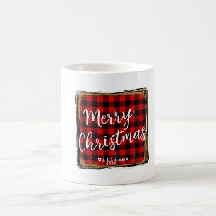 Aangepaste naam Buffalo Red Plaid Merry Christmas Koffiemok