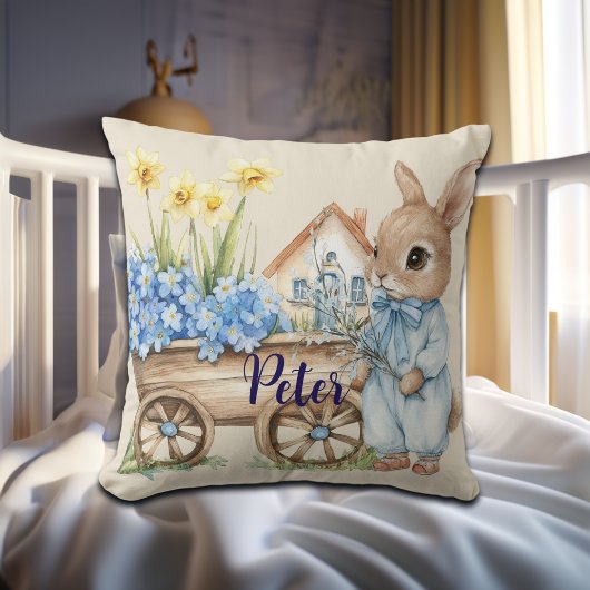 Aangepaste naam Bunny met blauwe bloemen Kussen