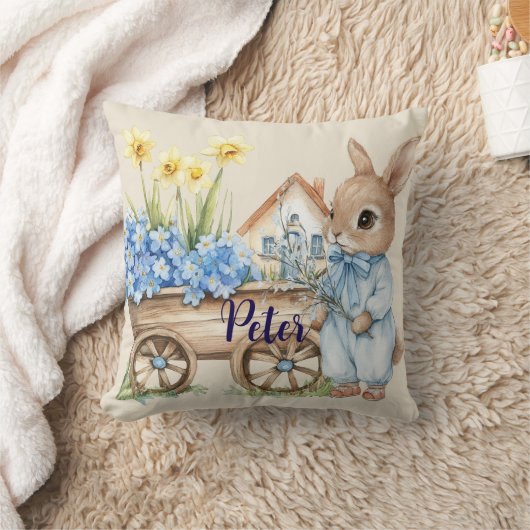 Aangepaste naam Bunny met blauwe bloemen Kussen (Deken)