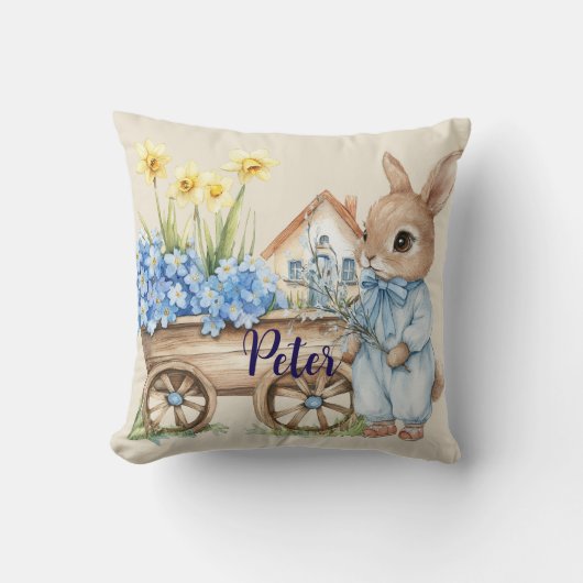Aangepaste naam Bunny met blauwe bloemen Kussen (Voorkant)