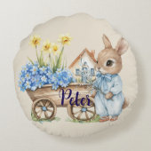 Aangepaste naam Bunny met blauwe bloemen Rond Kussen (Achterkant)