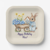 Aangepaste Naam Bunny met Blauwe Bloemen Verjaarda Papieren Bordje (Voorkant)