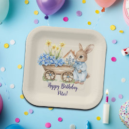 Aangepaste Naam Bunny met Blauwe Bloemen Verjaarda Papieren Bordje