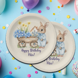 Aangepaste Naam Bunny met Blauwe Bloemen Verjaarda Papieren Bordje