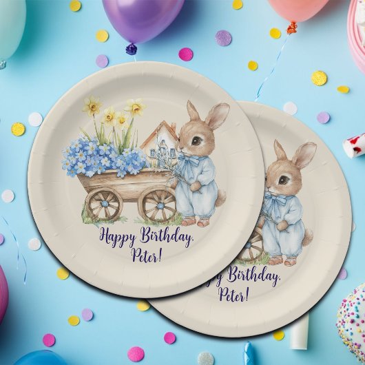 Aangepaste Naam Bunny met Blauwe Bloemen Verjaarda Papieren Bordje