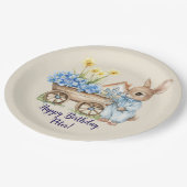 Aangepaste Naam Bunny met Blauwe Bloemen Verjaarda Papieren Bordje (Gekanteld)