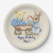 Aangepaste Naam Bunny met Blauwe Bloemen Verjaarda Papieren Bordje (Voorkant)
