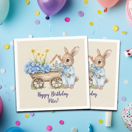 Aangepaste Naam Bunny met Blauwe Bloemen Verjaarda Servet