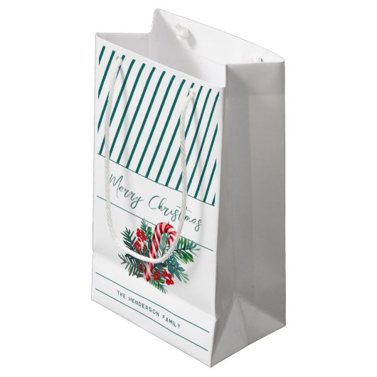 Aangepaste naam | Candy Cane & Green Stripes Kerst Klein Cadeauzakje (Voorkant Gekanteld)