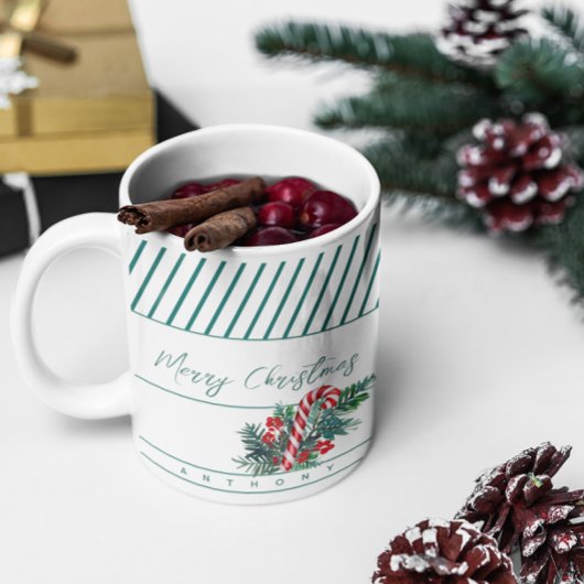 Aangepaste naam | Candy Cane & Green Stripes Kerst Koffiemok