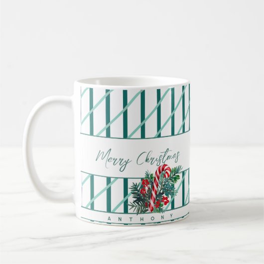 Aangepaste naam | Candy Cane & Green Stripes Kerst Koffiemok (Links)