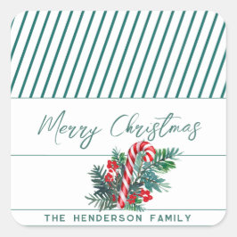 Aangepaste naam | Candy Cane & Groen Kerstmis Vierkante Sticker