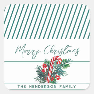Aangepaste naam   Candy Cane & Groen Kerstmis Vierkante Sticker