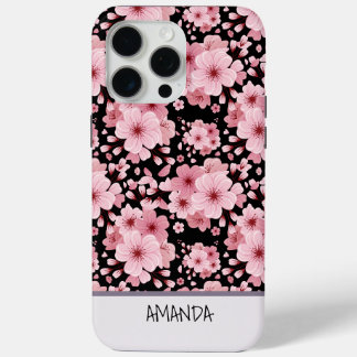 Aangepaste naam Cherry Blossom roze bloemmotief iPhone 15 Pro Max Hoesje