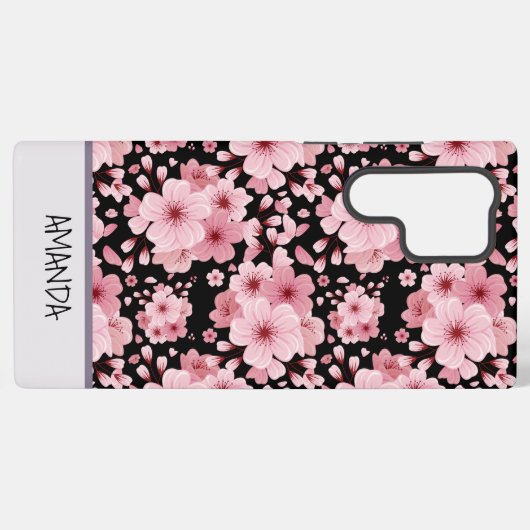 Aangepaste naam Cherry Blossom roze bloemmotief Samsung Galaxy Hoesje (Achterkant horizontaal)