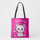 & Aangepaste Naam Chibi Cat Canvas tas met Roze Ha (Voorkant)