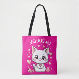 & Aangepaste Naam Chibi Cat Canvas tas met Roze Ha