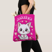 & Aangepaste Naam Chibi Cat Canvas tas met Roze Ha (Dichtbij)
