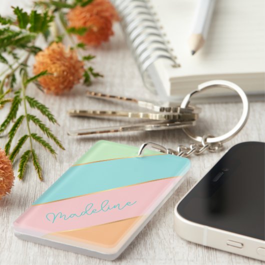 Aangepaste naam Chic Aqua Blauw Groen Roze Streep Sleutelhanger (Voorkant Rechts)