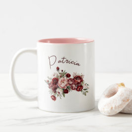 Aangepaste naam Chic Bourgogne bloemen Tweekleurige Koffiemok