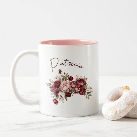 Aangepaste naam Chic Bourgogne bloemen Tweekleurige Koffiemok (Met donut)