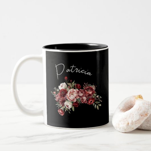 Aangepaste naam Chic Bourgogne bloemen Tweekleurige Koffiemok (Met donut)