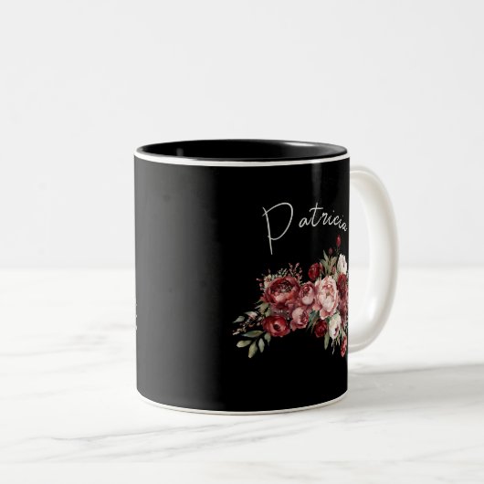 Aangepaste naam Chic Bourgogne bloemen Tweekleurige Koffiemok (Voorkant rechts)