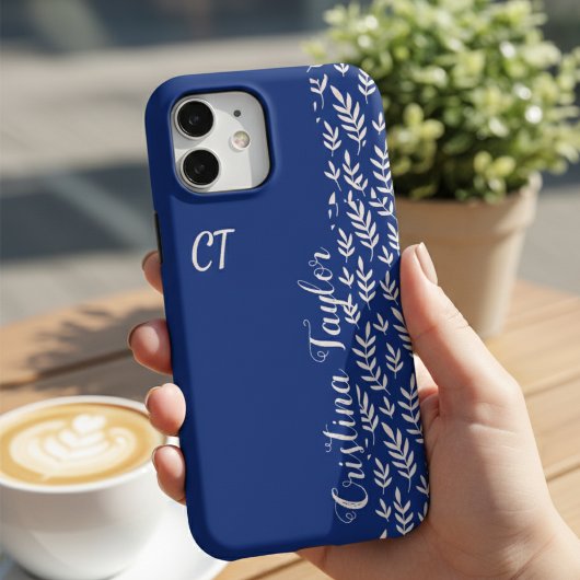 Aangepaste naam Chic Navyblauw & Blush Roze Blad iPhone Hoesje