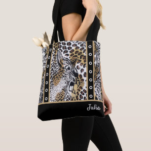 Aangepaste naam Chic Stijlvol Bruin Zwart Wit Luip Tote Bag
