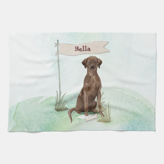 Aangepaste naam Chocolate Lab Pet Dog Theedoek (Horizontaal)