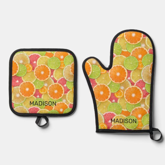 Aangepaste naam Citrus Patroon Ovenwant & Pannenlap Set (Voorkant)
