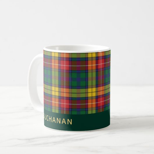 Aangepaste naam Clan Buchanan Tartan Koffiemok (Voorkant links)