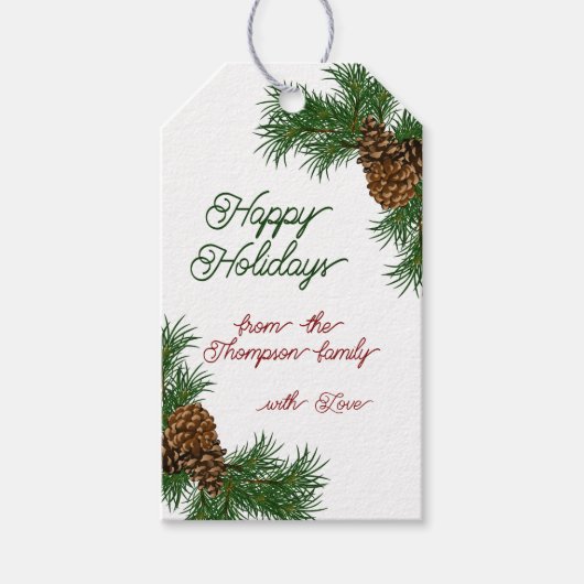 Aangepaste naam Classy Pinecones Pine Branches Hol Cadeaulabel (Voorkant)