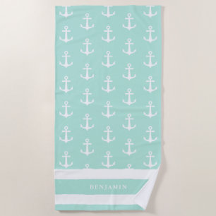 Aangepaste naam: Coastal Aqua Blue White Anchor Strandlaken
