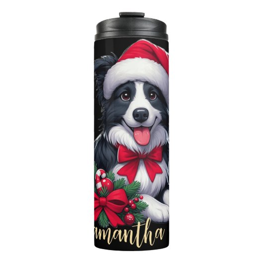 Aangepaste naam collie dragen Santa's pet Thermosbeker (Voorkant)