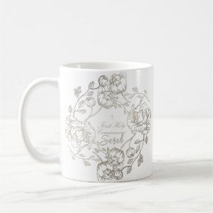 Aangepaste Naam Communie Bloemen Goud Koffiemok