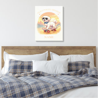 Aangepaste naam Cool Maltezer hond Skateboarder Canvas Afdruk