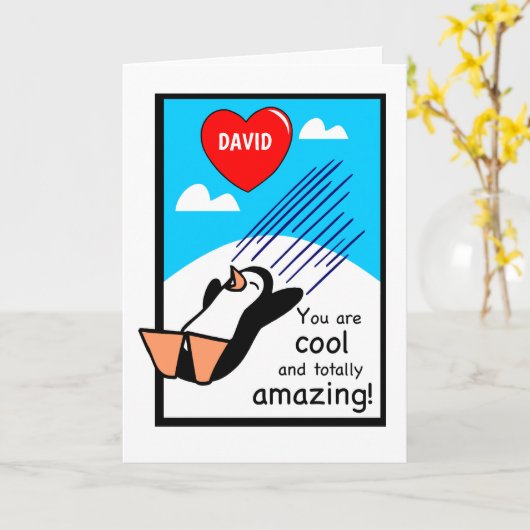 Aangepaste naam Cool Valentijn Penguin Kaart (Gele Bloem)