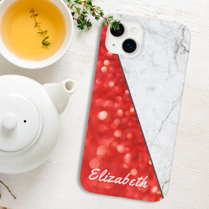 Aangepaste naam Coral Glitter Black Witte Marmer Case-Mate iPhone 14 Plus Hoesje