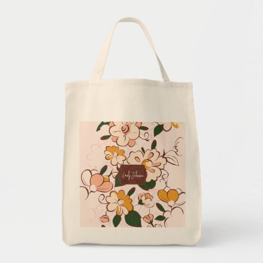 Aangepaste naam Crème Bloemige Retro Bloei Botanis Tote Bag (Voorkant)