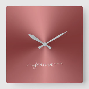 Aangepaste naam Crimson Red Metallic Style Acrylic Vierkante Klok