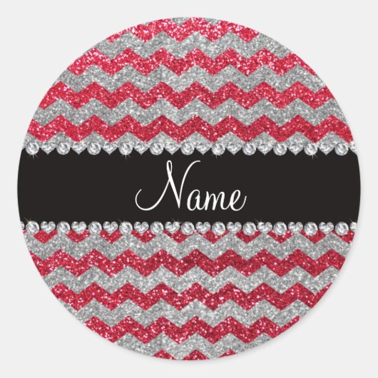 Aangepaste naam: crimson red zilver glitter chevro ronde sticker (Voorkant)