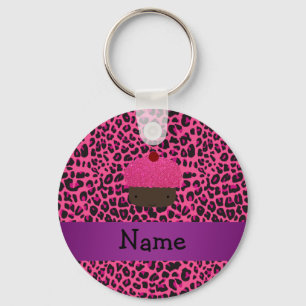 Aangepaste naam cupcake roze luipaard druk sleutelhanger
