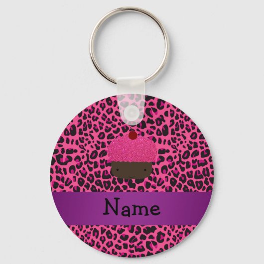 Aangepaste naam cupcake roze luipaard druk sleutelhanger (Voorkant)