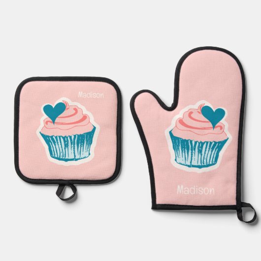 Aangepaste naam Cupcakes Ovenwant & Pannenlap Set (Voorkant)