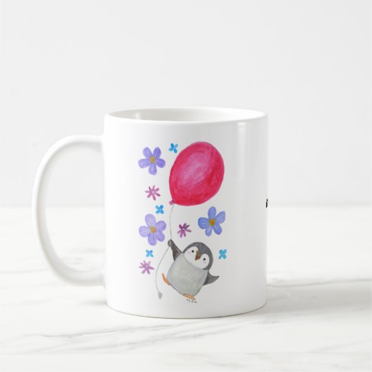Aangepaste naam Cute Baby Penguin Holding ballon Koffiemok (Links)