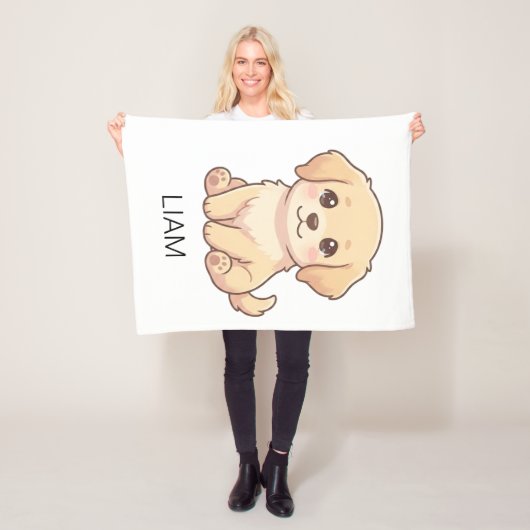 Aangepaste naam Cute Chibi Golden Retriever Fleece Deken (In situ)